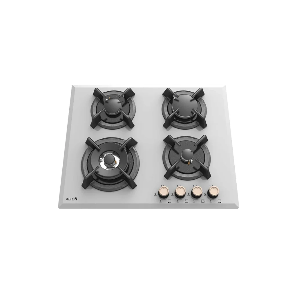 اجاق گاز رومیزی توکار شیشه‌ای 4 شعله آلتون مدل G403W با شیشه اپتیک سفید و سرشعله ساباف ایتالیا