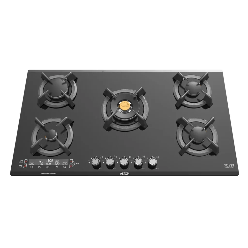 اجاق گاز رومیزی توکار شیشه‌ای 5 شعله آلتون مدل IG530DB با تایمر لمسی، با شیشه شات و سرشعله ساباف ایتالیا