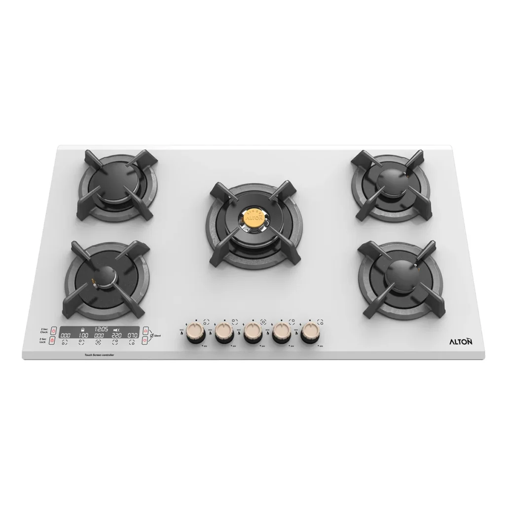 اجاق گاز رومیزی توکار شیشه‌ای سفید 5 شعله آلتون مدل IG534DW با تایمر لمسی و سرشعله ساباف ایتالیا
