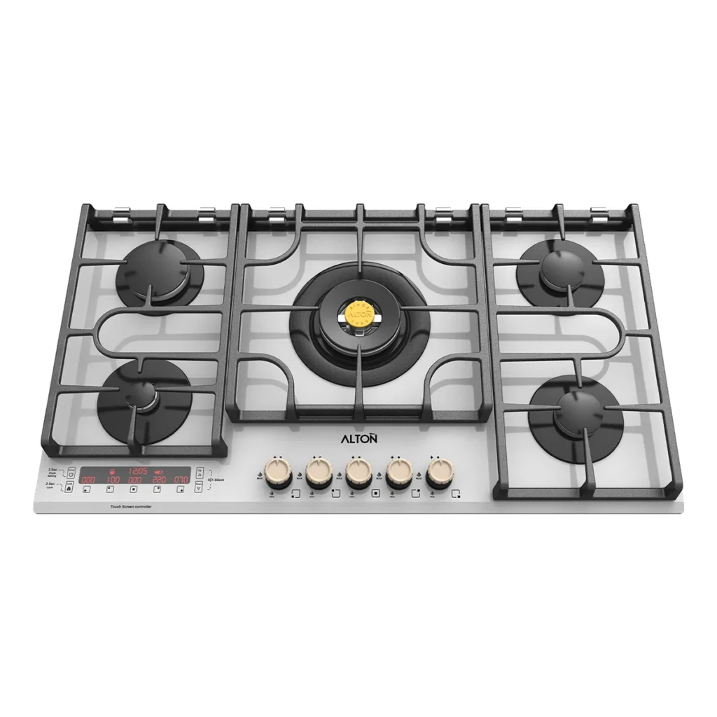 اجاق گاز رومیزی توکار شیشه‌ای سفید 5 شعله آلتون مدل IG535DW با تایمر لمسی و پلوپز ساباف ایتالیا